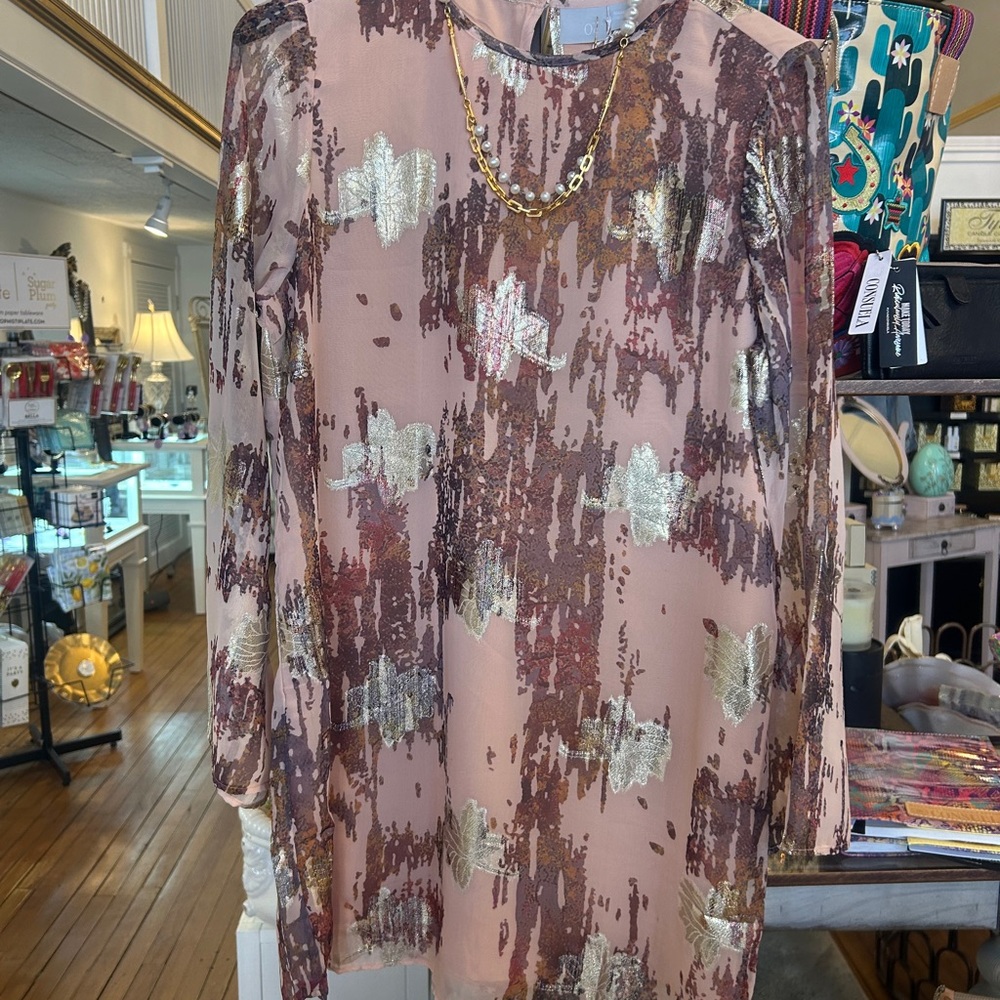 Zero Degree Celsius Womens Metallic Floral Print Long Sleeve Dress - Blush/Gold